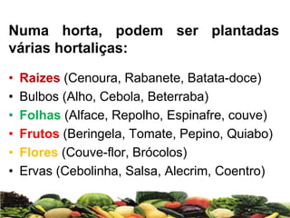 Numa horta, podem ser plantadas
várias hortaliças:
• Raizes (Cenoura, Rabanete, Batata-doce)
• Bulbos (Alho, Cebola, Beterraba)
• Folhas (Alface, Repolho, Espinafre, couve)
• Frutos (Beringela, Tomate, Pepino, Quiabo)
• Flores (Couve-flor, Brócolos)
• Ervas (Cebolinha, Salsa, Alecrim, Coentro)
 
