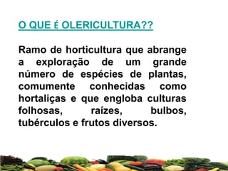 O QUE É OLERICULTURA??
Ramo de horticultura que abrange
a exploração de um grande
número de espécies de plantas,
comumente conhecidas como
hortaliças e que engloba culturas
folhosas, raízes, bulbos,
tubérculos e frutos diversos.
 