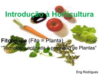 Introdução à Horticultura
Fitotecnia (Fito = Planta)
“Tecnologia aplicada à produção de Plantas”
Eng Rodrigues
 