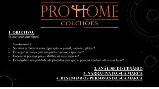 1. OBJETIVO:
O que você quer fazer?
- Vender mais?
- Ser uma referência com reputação, regional, nacional, global?
- Divulgar si marca para um público novo? específico?
- Encontrar pessoas para trabalhar na sua empresa?
- Demonstrar seu portifólio de produtos para que as pessoas venham até a suas lojas?
2. ANÁLISE DO CENÁRIO
3. NARRATIVA DA SUA MARCA
4. DESENHAR OS PERSONAS DA SUA MARCA
 