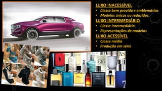 LUXO INACESSÍVEL
• Classe bem provida e emblemática
• Modelos únicos ou reduzidos.
LUXO INTERMEDIÁRIO
• Classe intermediária
• Representações de modelos
LUXO ACESSÍVEL
• Classe média
• Produção em série
 