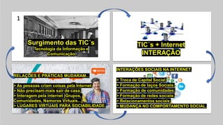 Surgimento das TIC´s
Tecnologia da Informação e
Comunicação
INTERAÇÕES SOCIAIS NA INTERNET.
> Troca de Capital Social;
> Formação de laços Sociais;
> Formação de comunidades;
> Formação de redes sociais;
> Relacionamentos sociais;
> MUDANÇA NO COMPORTAMENTO SOCIAL.
TIC´s + Internet
INTERAÇÃO
RELAÇÕES E PRÁTICAS MUDARAM...
> As pessoas criam coisas pela Internet;
> Não precisam mais sair de casa;
> Interagem pela internet (Grupos,
Comunidades, Namoros Virtuais...)
> LUGARES VIRTUAIS PARA SOCIABILIDADE.
1
 