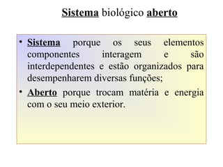• Sistema porque os seus elementos
componentes interagem e são
interdependentes e estão organizados para
desempenharem diversas funções;
• Aberto porque trocam matéria e energia
com o seu meio exterior.
Sistema biológico aberto
 