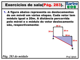 Prof. Ipiaú
1. A figura abaixo representa os deslocamentos
de um móvél em várias etapas. Cada vetor tem
módulo igual a 20m. A distância percorrida
pelo móvel e o módulo do vetor deslocamento
são, respectivamente:
Pág. 283 do módulo
Exercícios de sala(Pág. 283).
A
B
20 m
20 m
20 m
20 m
20 m
20 m
 