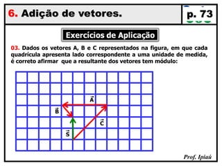 Prof. Ipiaú
p. 736. Adição de vetores.
03. Dados os vetores A, B e C representados na figura, em que cada
quadrícula apresenta lado correspondente a uma unidade de medida,
é correto afirmar que a resultante dos vetores tem módulo:
A
B
C
S
 