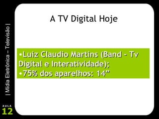 Luiz Claudio Martins (Band – Tv Digital e Interatividade); 75% dos aparelhos: 14” A TV Digital Hoje 