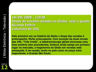 18/09/2008 - 11h38 Ibope de novelas desaba na Globo; veja a queda Ricardo Feltrin Colunista do UOL Pela primeira vez na história da Globo o ibope das novelas é preocupante. Muito preocupante. Com exceção da atual novela das 19h, "Três Irmãs", a teledramaturgia global atravessa uma fase sombria sem precedentes. Embora ainda esteja em primeiro lugar no mercado, a hegemonia da Globo em novelas está ameaçada. E em queda, tanto no país como na praça mais importante: a Grande São Paulo. 