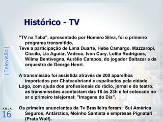 Histórico - TV "TV na Taba", apresentado por Homero Silva, foi o primeiro programa transmitido. Teve a participação de Lima Duarte, Hebe Camargo, Mazzaropi, Ciccilo, Lia Aguiar, Vadeco, Ivon Cury, Lolita Rodrigues, Wilma Bentivegna, Aurélio Campos, do jogador Baltazar e da orquestra de George Henri.  A transmissão foi assistida através de 200 aparelhos importados por Chateaubriand e espalhados pela cidade.  Logo, com ajuda dos profissionais do rádio, jornal e do teatro, as transmissões aconteciam das 18 às 23h e foi colocado no ar o primeiro telejornal: "Imagens do Dia". Os primeiro anunciantes da Tv Brasileira foram : Sul América Seguros, Antárctica, Moinho Santista e empresas Pignatari (Prata Wolf).   