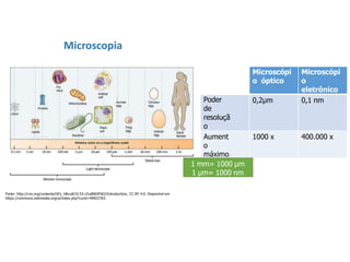 Fonte: http://cnx.org/contents/GFy_h8cu@10.53:rZudN6XP@2/Introduction, CC BY 4.0. Disponível em
https://commons.wikimedia.org/w/index.php?curid=49923763.
Microscopia
Microscópi
o óptico
Microscópi
o
eletrônico
Poder
de
resoluçã
o
0,2μm 0,1 nm
Aument
o
máximo
1000 x 400.000 x
1 mm= 1000 μm
1 μm= 1000 nm
 