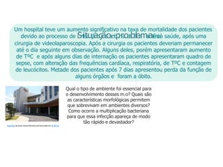 Um hospital teve um aumento significativo na taxa de mortalidade dos pacientes
devido ao processo de i
Sn
f
ie
tc
uç
ã
ao
çr
ãe
l
oa
c
-i
o
pn
ra
od
a
bà
lea
ms
s
i
as
t
ê
n
c
i
aà saúde, após uma
cirurgia de videolaparoscopia. Após a cirurgia os pacientes deveriam permanecer
até o dia seguinte em observação. Alguns deles, porém apresentaram aumento
de TºC e após alguns dias de internação os pacientes apresentaram quadro de
sepse, com alteração das frequências cardíaca, respiratória, de TºC e contagem
de leucócitos. Metade dos pacientes após 7 dias apresentou perda da função de
alguns órgãos e foram a óbito.
Qual o tipo de ambiente foi essencial para
o desenvolvimento desses m.o? Quais são
as características morfológicas permitem
que sobrevivam em ambientes diversos?
Como ocorre a multiplicação bacteriana
para que essa infecção apareça de modo
tão rápido e devastador?
Esta Foto de Autor Desconhecido está licenciado em CC BY-SA
 