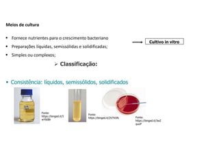 Meios de cultura
 Fornece nutrientes para o crescimento bacteriano
 Preparações líquidas, semissólidas e solidificadas;
 Simples ou complexos;
 Classificação:
Cultivo in vitro
 Consistência: líquidos, semissólidos, solidificados
Fonte:
https://binged.it/3
wYb0Br
Fonte:
https://binged.it/2V7VUfs Fonte:
https://binged.it/3wZ
quoP
 