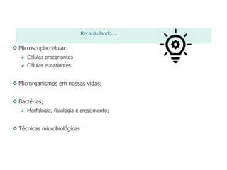Recapitulando.....
 Microscopia celular:
 Células procariontes
 Células eucariontes
 Microrganismos em nossas vidas;
 Bactérias;
 Morfologia, fisiologia e crescimento;
 Técnicas microbiológicas
 