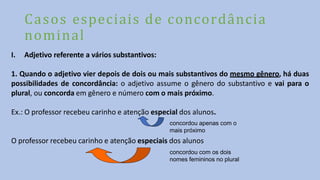 Casos especiais de concordância
nominal
I. Adjetivo referente a vários substantivos:
1. Quando o adjetivo vier depois de dois ou mais substantivos do mesmo gênero, há duas
possibilidades de concordância: o adjetivo assume o gênero do substantivo e vai para o
plural, ou concorda em gênero e número com o mais próximo.
Ex.: O professor recebeu carinho e atenção especial dos alunos.
concordou apenas com o
mais próximo
O professor recebeu carinho e atenção especiais dos alunos
concordou com os dois
nomes femininos no plural
 