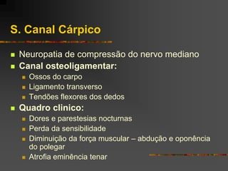 S. Canal Cárpico

   Neuropatia de compressão do nervo mediano
   Canal osteoligamentar:
       Ossos do carpo
       Ligamento transverso
       Tendões flexores dos dedos
   Quadro clinico:
       Dores e parestesias nocturnas
       Perda da sensibilidade
       Diminuição da força muscular – abdução e oponência
        do polegar
       Atrofia eminência tenar
 