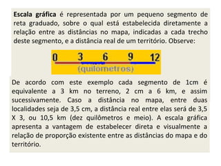 Escala gráfica é representada por um pequeno segmento de
reta graduado, sobre o qual está estabelecida diretamente a
relação entre as distâncias no mapa, indicadas a cada trecho
deste segmento, e a distância real de um território. Observe:

De acordo com este exemplo cada segmento de 1cm é
equivalente a 3 km no terreno, 2 cm a 6 km, e assim
sucessivamente. Caso a distância no mapa, entre duas
localidades seja de 3,5 cm, a distância real entre elas será de 3,5
X 3, ou 10,5 km (dez quilômetros e meio). A escala gráfica
apresenta a vantagem de estabelecer direta e visualmente a
relação de proporção existente entre as distâncias do mapa e do
território.

 