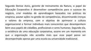 Segundo Denise Asnis, gerente de treinamento da Natura, o papel da
Educação Corporativa é desenvolver competências para o sucesso do
negócio, criar modelos de aprendizagem baseados nas práticas da
empresa, pautar ações na gestão de competências, disseminando crenças
e valores da empresa, com o objetivo de aprimorar a cultura
organizacional e formar indivíduos mais conscientes que desempenhem
bem seus papéis de cidadãos, profissionais e seres humanos. Segundo ela,
a existência de uma educação corporativa, ocorre em um momento em
que a organização não acredita mais que esse papel possa ser
desempenhado apenas por uma escola ou universidade tradicional.
 