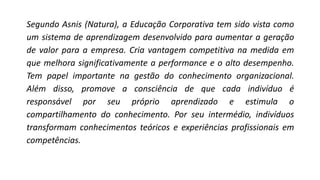 Segundo Asnis (Natura), a Educação Corporativa tem sido vista como
um sistema de aprendizagem desenvolvido para aumentar a geração
de valor para a empresa. Cria vantagem competitiva na medida em
que melhora significativamente a performance e o alto desempenho.
Tem papel importante na gestão do conhecimento organizacional.
Além disso, promove a consciência de que cada indivíduo é
responsável por seu próprio aprendizado e estimula o
compartilhamento do conhecimento. Por seu intermédio, indivíduos
transformam conhecimentos teóricos e experiências profissionais em
competências.
 