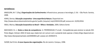 REFERÊNCIAS
ANGELONI, M. T. (Org.) Organizações do Conhecimento: infraestrutura, pessoas e tecnologia, 2. Ed. – São Paulo: Saraiva,
2008.
ASNIS, Denise, Educação corporativa - Uma experiência Natura. Disponível em:
http://www.educor.desenvolvimento.gov.br/ public /arquivo/ arq1229431220.pdf, acesso em: 22/05/2016
EBOLI, Marisa, Educação Corporativa no Brasil – Mitos e Verdades, 2004, Editora Gente
MACHADO, N. J.- Sobre a ideia de competência. In: PERRENOUD, P. et alii – Competências para ensinar no século XXI.
Porto Alegre: Artmed, 2002 (O texto aqui citado tem em comum com o presente texto apenas o título).Artigo disponível em:
http://www.nilsonjosemachado.net/20060804.pdf, acesso em 20/08/2014.
SVEIBY, Karl Erick. A nova riqueza das organizações. Rio de Janeiro: Campus, 1998.
 