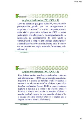 30/04/2012 
10 
19 
Prof. Ilço Ribeiro Jr 
Deve-se observar que, para solos PA, o excesso de poro-pressão gerado por um carregamento é negativo, e portanto τ’ < τ (este comportamento é mais visível para altos valores de OCR – solos fortemente pré-adensados). Conseqüentemente, a resistência ao cisalhamento do solo tende a diminuir com o tempo e em análises a longo prazo a estabilidade da obra diminui (este caso é crítico em escavações em argila saturada fortemente pré- adensada). 
Argilas pré-adensadas (PA) (OCR > 1) 
20 
Prof. Ilço Ribeiro Jr 
Para baixas tensões confinantes (elevadas razões de pré-adensamento - OCR) a poro-pressão na ruptura é negativa e o círculo de tensões totais se localiza à esquerda do círculo de tensões efetivas e para altas tensões confinantes (baixos OCR) a poro-pressão na ruptura é positiva e o círculo de tensões totais se localiza a direita do círculo de tensões efetivas, a coesão total (c) é maior do que a coesão efetiva (c’) e o ângulo de atrito interno total (φ) é menor que o ângulo de atrito interno efetivo (φ’). 
Argilas pré-adensadas (PA) (OCR > 1)  