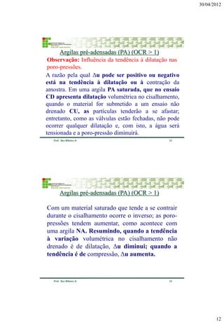 30/04/2012 
12 
23 
Prof. Ilço Ribeiro Jr 
Observação: Influência da tendência à dilatação nas poro-pressões. 
Argilas pré-adensadas (PA) (OCR > 1) 
A razão pela qual Δu pode ser positivo ou negativo está na tendência à dilatação ou à contração da amostra. Em uma argila PA saturada, que no ensaio CD apresenta dilatação volumétrica no cisalhamento, quando o material for submetido a um ensaio não drenado CU, as partículas tenderão a se afastar; entretanto, como as válvulas estão fechadas, não pode ocorrer qualquer dilatação e, com isto, a água será tensionada e a poro-pressão diminuirá. 
24 
Prof. Ilço Ribeiro Jr 
Com um material saturado que tende a se contrair durante o cisalhamento ocorre o inverso; as poro- pressões tendem aumentar, como acontece com uma argila NA. Resumindo, quando a tendência à variação volumétrica no cisalhamento não drenado é de dilatação, Δu diminui; quando a tendência é de compressão, Δu aumenta. 
Argilas pré-adensadas (PA) (OCR > 1)  