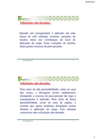 30/04/2012 
2 
3 
Prof. Ilço Ribeiro Jr 
Quando um carregamento é aplicado em uma massa de solo saturada, ocorrem variações de tensões totais nas vizinhanças do local de aplicação da carga. Estas variações de tensões totais geram excessos de poro-pressão. 
Solicitações não drenadas 
4 
Prof. Ilço Ribeiro Jr 
Para solos de alta permeabilidade, como no caso das areias, a drenagem ocorre rapidamente, dissipando o excesso de poro-pressão tão logo o carregamento é aplicado. Para solos de baixa permeabilidade, como no caso de argilas, é comum que quase nenhuma dissipação ocorra durante a aplicação da carga. Esta situação caracteriza uma solicitação não drenada. 
Solicitações não drenadas  