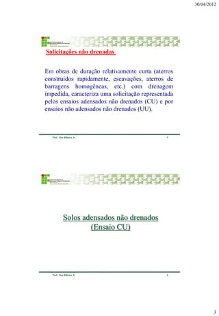 30/04/2012 
3 
5 
Prof. Ilço Ribeiro Jr 
Em obras de duração relativamente curta (aterros construídos rapidamente, escavações, aterros de barragens homogêneas, etc.) com drenagem impedida, caracteriza uma solicitação representada pelos ensaios adensados não drenados (CU) e por ensaios não adensados não drenados (UU). 
Solicitações não drenadas 
6 
Prof. Ilço Ribeiro Jr 
Solos adensados não drenados 
(Ensaio CU) 
 