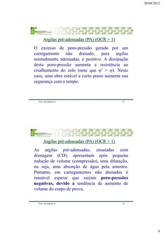 30/04/2012 
8 
15 
Prof. Ilço Ribeiro Jr 
O excesso de poro-pressão gerado por um carregamento não drenado, para argilas normalmente adensadas, é positivo. A dissipação desta poro-pressão aumenta a resistência ao cisalhamento do solo (note que φ’ > φ). Neste caso, uma obra estável a curto prazo aumenta sua segurança com o tempo. 
Argilas pré-adensadas (PA) (OCR > 1) 
16 
Prof. Ilço Ribeiro Jr 
As argilas pré-adensadas, ensaiadas com drenagem (CD), apresentam após pequena redução de volume (compressão), uma dilatação, ou seja, uma absorção de água pela amostra. Portanto, em carregamentos não drenados é razoável esperar que surjam poro-pressões negativas, devido a tendência de aumento de volume do corpo de prova. 
Argilas pré-adensadas (PA) (OCR > 1)  