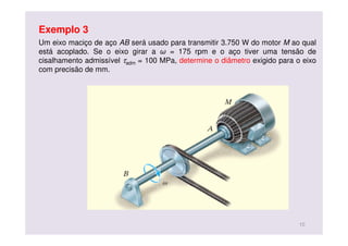 Um eixo maciço de aço AB será usado para transmitir 3.750 W do motor M ao qual
está acoplado. Se o eixo girar a ω = 175 rpm e o aço tiver uma tensão de
cisalhamento admissível τadm = 100 MPa, determine o diâmetro exigido para o eixo
com precisão de mm.
Exemplo 3
10
 