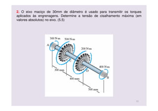 2. O eixo maciço de 30mm de diâmetro é usado para transmitir os torques
aplicados às engrenagens. Determine a tensão de cisalhamento máxima (em
valores absolutos) no eixo. (5.5)
13
 