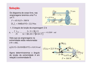 Solução:
Do diagrama de corpo livre, nas
engrenagens teremos uma F e
um T:
( ) ( ) Nm5,22075,0300
N30015,0/45
==
==
xDT
F
1. O ângulo de torção da engrenagem C é
( )( )
( )( ) ( )[ ] rad0269,0
1080001,02
5,15,22
94
+=
+
==
π
φ
JG
LT DC
C
Visto que as engrenagens na
extremidade estão relacionadas
(r⋅θ = cte),
( ) ( )( ) rad0134,0075,00269,015,0 ⇒=Bφ
18
Agora determinaremos o ângulo
de torção da extremidade A em
relação à extremidade B.
 