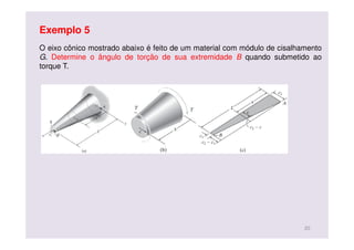 O eixo cônico mostrado abaixo é feito de um material com módulo de cisalhamento
G. Determine o ângulo de torção de sua extremidade B quando submetido ao
torque T.
Exemplo 5
20
 