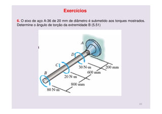 6. O eixo de aço A-36 de 20 mm de diâmetro é submetido aos torques mostrados.
Determine o ângulo de torção da extremidade B (5.51)
23
Exercícios
 