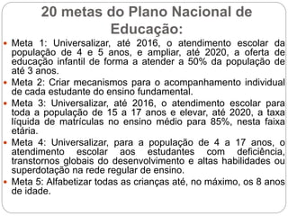 20 metas do Plano Nacional de
Educação:
 Meta 1: Universalizar, até 2016, o atendimento escolar da
população de 4 e 5 anos, e ampliar, até 2020, a oferta de
educação infantil de forma a atender a 50% da população de
até 3 anos.
 Meta 2: Criar mecanismos para o acompanhamento individual
de cada estudante do ensino fundamental.
 Meta 3: Universalizar, até 2016, o atendimento escolar para
toda a população de 15 a 17 anos e elevar, até 2020, a taxa
líquida de matrículas no ensino médio para 85%, nesta faixa
etária.
 Meta 4: Universalizar, para a população de 4 a 17 anos, o
atendimento escolar aos estudantes com deficiência,
transtornos globais do desenvolvimento e altas habilidades ou
superdotação na rede regular de ensino.
 Meta 5: Alfabetizar todas as crianças até, no máximo, os 8 anos
de idade.
 