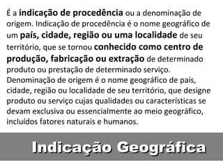 Indicação Geográfica É a  indicação de procedência  ou a denominação de origem. Indicação de procedência é o nome geográfico de um  país, cidade, região ou uma localidade  de seu território, que se tornou  conhecido como centro de produção, fabricação ou extração  de determinado produto ou prestação de determinado serviço. Denominação de origem é o nome geográfico de país, cidade, região ou localidade de seu território, que designe produto ou serviço cujas qualidades ou características se devam exclusiva ou essencialmente ao meio geográfico, incluídos fatores naturais e humanos. 
