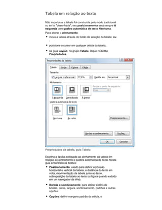 Tabela em relação ao texto
Não importa se a tabela foi construída pelo modo tradicional
ou se foi "desenhada"; seu posicionamento será sempre À
esquerda com quebra automática de texto Nenhuma.
Para alterar o alinhamento:
mova a tabela através do botão de seleção da tabela; ou
,
posicione o cursor em qualquer célula da tabela;
na guia Layout, no grupo Tabela, clique no botão
Propriedades.

Propriedades da tabela, guia Tabela
Escolha a opção adequada ao alinhamento da tabela em
relação ao alinhamento e quebra automática de texto. Nesta
guia encontrará os botões:
Posicionamento: usado para definir a posição
horizontal e vertical da tabela, a distância do texto em
volta, movimentação da tabela junto ao texto,
sobreposição da tabela ao texto ou figura quando exibido
em um navegador da Web.
Bordas e sombreamento: para alterar estilos de
bordas, cores, largura, sombreamento, padrões e outras
opções.
Opções: definir margens padrão da célula, o

 