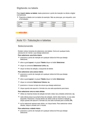 Digitando na tabela
Para inserir dados na tabela, basta posicionar o ponto de inserção na célula e digitar
normalmente:
Preencha a tabela com os dados do exemplo. Não se preocupe, por enquanto, com
a formatação.

Aula 13 - Tabulação e tabelas
Selecionando
Existem várias maneiras de selecionar uma tabela. Como em qualquer texto,
precisa ter em mente o que deseja selecionar:
Para selecionar uma linha inteira
posicione o ponto de inserção em qualquer célula da linha que deseja
selecionar;
ative a guia Layout, no grupo Tabela clique no botão Selecionar;
clique no comando Selecionar Linha; ou,
clique na faixa de seleção, à esquerda da tabela.
Para selecionar uma coluna inteira
posicione o ponto de inserção em qualquer célula da linha que deseja
selecionar;
ative a guia Layout, no grupo Tabela clique no botão Selecionar;
clique no comando Selecionar Coluna; ou,
posicione o mouse no topo da coluna que deseja selecionar;
clique quando ele assumir o formato de uma seta apontando para baixo.
Para selecionar uma ou mais células
Utilize as mesmas teclas de seleção de texto vistas nas unidades anteriores; ou,
cada célula possui sua própria faixa de seleção, dentro dela mesma, no seu lado
esquerdo. Posicione o mouse dentro da célula onde se iniciará a seleção e
clique quando ele assumir o formato de uma seta inclinada para a direita ( );
se for selecionar apenas esta célula, um clique basta. Para selecionar várias
células, clique e arraste com o mouse.
Para selecionar a tabela inteira
posicione o ponto de inserção em qualquer célula da linha que deseja
selecionar;

 