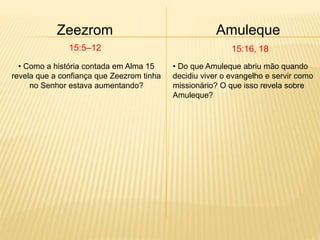 Zeezrom Amuleque
15:5–12 15:16, 18
• Como a história contada em Alma 15
revela que a confiança que Zeezrom tinha
no Senhor estava aumentando?
• Do que Amuleque abriu mão quando
decidiu viver o evangelho e servir como
missionário? O que isso revela sobre
Amuleque?
 