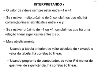 12
INTERPRETANDO r
– O valor de r deve sempre estar entre –1 e +1.
– Se r estiver muito próximo de 0, concluímos que não há
correlação linear significativa entre x e y.
– Se r estiver próximo de –1 ou +1, concluímos que há uma
relação linear significativa entre x e y.
– Mais objetivamente:
– Usando a tabela anterior, se valor absoluto de r excede o
valor da tabela, há correlação linear.
– Usando programa de computador, se valor P é menor do
que nível de significância, há correlação linear.
 