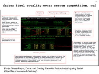 33
factor ideol equality owner respon competition, pcf
Fonte: Torres-Reyna, Oscar. s.d. Getting Started in Factor Analysis (using Stata).
(http://dss.princeton.edu/training/)
 