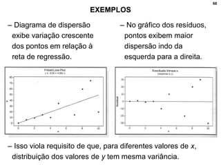68
EXEMPLOS
– Diagrama de dispersão
exibe variação crescente
dos pontos em relação à
reta de regressão.
– No gráfico dos resíduos,
pontos exibem maior
dispersão indo da
esquerda para a direita.
– Isso viola requisito de que, para diferentes valores de x,
distribuição dos valores de y tem mesma variância.
 