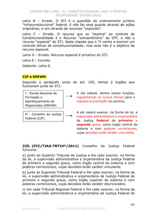 CURSO ON-LINE - D. CONSTITUCIONAL NAS 5 FONTES
PROFESSOR: VÍTOR CRUZ
132
Prof. Vítor Cruz WWW.PONTODOSCONCURSOS.COM.BR
Letra B – Errado. O STJ é o guardião do ordenamento jurídico
“infraconstitucional” federal. E não faz essa guarda através de ações
originárias, e sim através de recursos “especiais”.
Letra C – Errado. O recurso que se “destina” ao controle de
Constitucionalidade é o Recurso “extraordinário” do STF, e não o
recurso “especial” do STJ. Nada impede que o TJ venha a exercer um
controle difuso de constitucionalidade, mas esse não é o objetivo do
recurso especial.
Letra D – Errado. Recurso especial é privativo do STJ.
Letra E – Correto.
Gabarito: Letra E.
CJF e ENFAM:
Segundo o parágrafo único do art. 105, temos 2 órgãos que
funcionam junto ao STJ:
235. (FCC/TJAA-TRT24ª/2011) Conselho da Justiça Federal
funciona:
a) junto ao Superior Tribunal de Justiça e lhe cabe exercer, na forma
da lei, a supervisão administrativa e orçamentária da Justiça Federal
de primeiro e segundo graus, como órgão central do sistema e com
poderes correicionais, cujas decisões terão caráter vinculante.
b) junto ao Supremo Tribunal Federal e lhe cabe exercer, na forma da
lei, a supervisão administrativa e orçamentária da Justiça Federal de
primeiro e segundo graus, como órgão superior do sistema e com
poderes correicionais, cujas decisões terão caráter discricionário.
c) em cada Tribunal Regional Federal e lhe cabe exercer, na forma da
lei, a supervisão administrativa e orçamentária da Justiça Federal de
I - Escola Nacional de
Formação e
Aperfeiçoamento de
Magistrados (ENFAM)
A ela caberá, dentre outras funções,
regulamentar os cursos oficiais para o
ingresso e promoção na carreira;
II - Conselho da Justiça
Federal (CJF)
A ele caberá exercer, na forma da lei, a
supervisão administrativa e orçamentária
da Justiça Federal de primeiro e
segundo graus, como órgão central do
sistema e com poderes correicionais,
cujas decisões terão caráter vinculante.
 