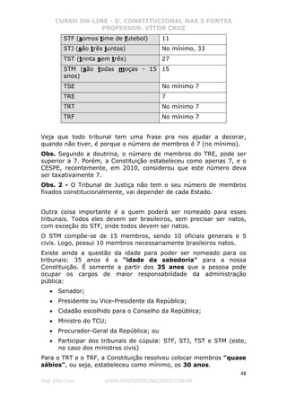 CURSO ON-LINE - D. CONSTITUCIONAL NAS 5 FONTES
PROFESSOR: VÍTOR CRUZ
48
Prof. Vítor Cruz WWW.PONTODOSCONCURSOS.COM.BR
STF (somos time de futebol) 11
STJ (são três juntos) No mínimo, 33
TST (trinta sem três) 27
STM (são todas moças - 15
anos)
15
TSE No mínimo 7
TRE 7
TRT No mínimo 7
TRF No mínimo 7
Veja que todo tribunal tem uma frase pra nos ajudar a decorar,
quando não tiver, é porque o número de membros é 7 (no mínimo).
Obs. Segundo a doutrina, o número de membros do TRE, pode ser
superior a 7. Porém, a Constituição estabeleceu como apenas 7, e o
CESPE, recentemente, em 2010, considerou que este número deva
ser taxativamente 7.
Obs. 2 - O Tribunal de Justiça não tem o seu número de membros
fixados constitucionalmente, vai depender de cada Estado.
Outra coisa importante é a quem poderá ser nomeado para esses
tribunais. Todos eles devem ser brasileiros, sem precisar ser natos,
com exceção do STF, onde todos devem ser natos.
O STM compõe-se de 15 membros, sendo 10 oficiais generais e 5
civis. Logo, possui 10 membros necessariamente brasileiros natos.
Existe ainda a questão da idade para poder ser nomeado para os
tribunais: 35 anos é a "idade da sabedoria" para a nossa
Constituição. É somente a partir dos 35 anos que a pessoa pode
ocupar os cargos de maior responsabilidade da administração
pública:
• Senador;
• Presidente ou Vice-Presidente da República;
• Cidadão escolhido para o Conselho da República;
• Ministro do TCU;
• Procurador-Geral da República; ou
• Participar dos tribunais de cúpula: STF, STJ, TST e STM (este,
no caso dos ministros civis)
Para o TRT e o TRF, a Constituição resolveu colocar membros "quase
sábios", ou seja, estabeleceu como mínimo, os 30 anos.
 