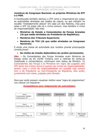 CURSO ON-LINE - D. CONSTITUCIONAL NAS 5 FONTES
PROFESSOR: VÍTOR CRUZ
56
Prof. Vítor Cruz WWW.PONTODOSCONCURSOS.COM.BR
membros do Congresso Nacional, os próprios Ministros do STF
e o PGR.
A Constituição também elencou o STF como o responsável por julgar
as autoridades atreladas aos órgãos de cúpula, ou que estejam no
escalão "imediatamente abaixo" em cada um dos Poderes, mas para
estas o STF irá julgar não só o crime comum, mas também o crime
de responsabilidade. São elas:
• Ministros de Estado e Comandantes da Forças Armadas
(Já que estão atrelados ao Presidente da República);
• Membros dos Tribunais Superiores;
• Membros do TCU (Já que estão atrelados ao Congresso
Nacional);
E ainda uma classe de autoridade que recebeu grande preocupação
constitucional:
• Os chefes de missão diplomática de caráter permanente;
Obs. - Os Comandantes das Forças Armadas eram Ministros de
Estado antes da EC 23/99. Embora com a referida EC tenha-se
modificado a nomenclatura, continuam com status de Ministro. Os
Comandantes das Forças e os Ministros em regra são julgados pelo
STF tanto nos crimes comuns quanto nos crimes de responsabilidade,
porém, caso o crime de responsabilidade em questão seja conexo
com o do Presidente ou Vice-Presidente da República, eles serão,
juntamente com estes, julgados pelo Senado.
Para que vocês possam visualizar melhor essa “regra de julgamentos”
vou colocar um esquema:
Competência para Julgamento de autoridades:
 