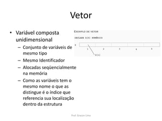 Vetor
• Variável composta
unidimensional
– Conjunto de variáveis de
mesmo tipo
– Mesmo Identificador
– Alocadas seqüencialmente
na memória
– Como as variáveis tem o
mesmo nome o que as
distingue é o índice que
referencia sua localização
dentro da estrutura
Prof. Gracon Lima
 