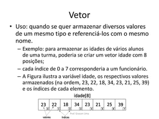 Vetor
• Uso: quando se quer armazenar diversos valores
de um mesmo tipo e referenciá-los com o mesmo
nome.
– Exemplo: para armazenar as idades de vários alunos
de uma turma, poderia se criar um vetor idade com 8
posições;
– cada índice de 0 a 7 corresponderia a um funcionário.
– A Figura ilustra a variável idade, os respectivos valores
armazenados (na ordem, 23, 22, 18, 34, 23, 21, 25, 39)
e os índices de cada elemento.
Prof. Gracon Lima
 