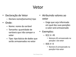 Vetor
• Declaração de Vetor
– Declare nome[tamanho] tipo
• Onde:
– Nome: nome da variável
– Tamanho: quantidade de
variáveis que irão compor o
vetor
– Tipo: tipo básico de dados que
serão armazenados no vetor
• Atribuindo valores ao
vetor
– Exige que seja informada
em qual das suas posições
o valor será armazenado
• Exemplos:
– X[1] ← 45
• Número 45 armazenado na
posição 1 do vetor
– X[4] ← 0
• Número 0 armazenado na
posição 4 do vetor
Prof. Gracon Lima
 