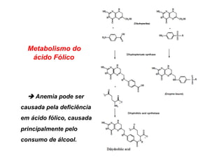 Metabolismo do
ácido Fólico
 Anemia pode ser
causada pela deficiência
em ácido fólico, causada
principalmente pelo
consumo de álcool.
 