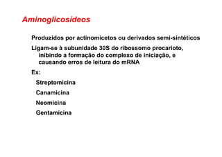 Produzidos por actinomicetos ou derivados semi-sintéticos
Ligam-se à subunidade 30S do ribossomo procarioto,
inibindo a formação do complexo de iniciação, e
causando erros de leitura do mRNA
Ex:
Streptomicina
Canamicina
Neomicina
Gentamicina
Aminoglicosídeos
 