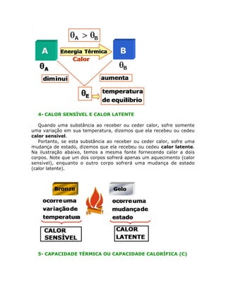 4- CALOR SENSÍVEL E CALOR LATENTE
Quando uma substância ao receber ou ceder calor, sofre somente
uma variação em sua tempe...