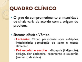 QUADRO CLÍNICO
 O grau de comprometimento e intensidade
de sinais varia de acordo com a origem do
problema
 Sintoma clássico:Vômito
◦ Lactente: Choro persistente após refeições;
Irritabilidade; pertubação do sono e recusa
alimentar
◦ Pré escolar e escolar: dispepsia (indigestão),
disfagia, dor abdominal recorrente e sialorréia
(aumento da saliva)
 